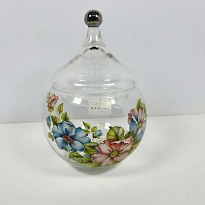 1970s Viking Glass Hand Painted Floral Candy Jar Apothecary Covered Dish Sticker